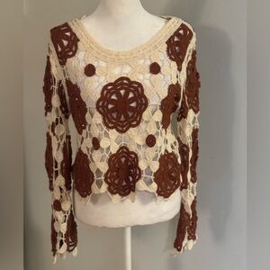Rebellion Crochet Floral Long Sleeve Top in Cream and Brown